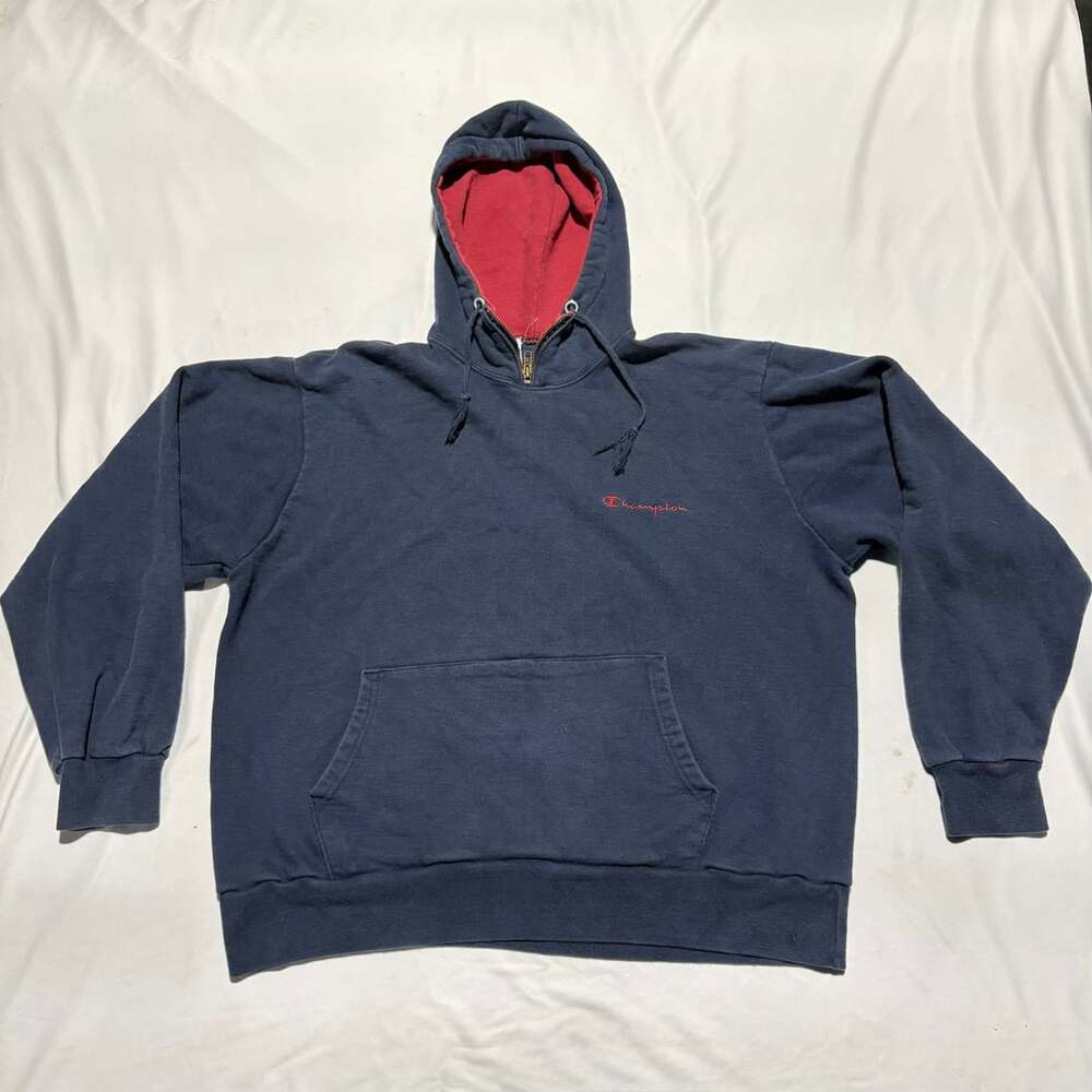 VTG 90s Champion Navy Blue Red Lined Quarter Zip Hoodie XXL Fits Like XL USA